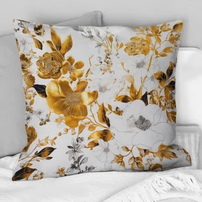Design Art Floral Gold Glam Blossoming Wild White Roses Ii - Rose Printed Throw Pillow In White;gold
