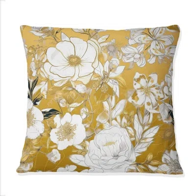 Design Art Floral Gold Glam Blossoming Wild White Roses - Rose Printed Throw Pillow In White;gold