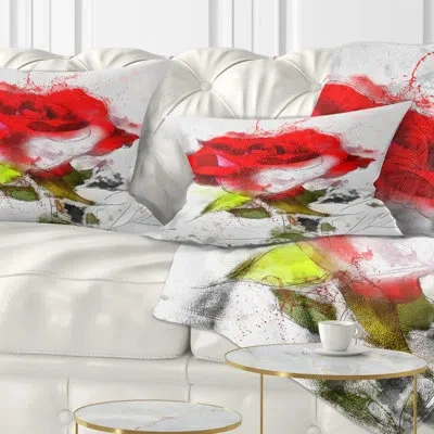 Design Art Floral Hand Drawn Watercolor Rose Flower Lumbar Pillow In Red