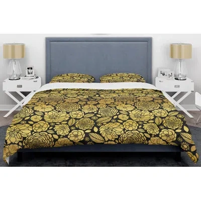 Design Art Floral Ii Mid-century Duvet Cover Set In Gold
