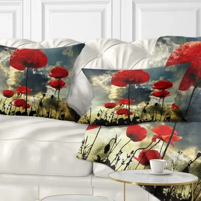 Design Art Floral Poppies On Thunderstorm Background Lumbar Pillow