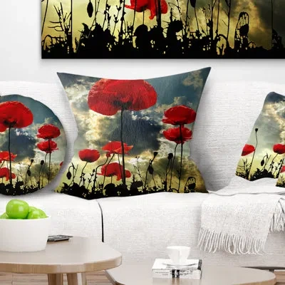 Design Art Floral Poppies On Thunderstorm Background Throw Pillow In Red