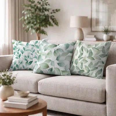 Design Art Floral Printed Cushion - Mint Garden French Country Decorative Pillow Set In Green;white