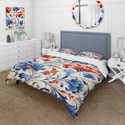 Design Art Floral Red And Blue Turkish Tiles 3 - Abstract Floral Duvet Cover Set In Blue;red