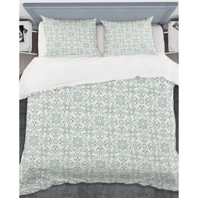 Design Art Floral Retro Iv Mid-century Duvet Cover Set In Blue,off White