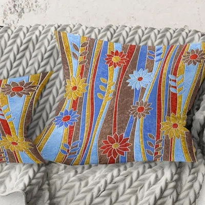 Design Art Floral Retro Pattern Iii - Mid-century Modern Printed Throw Pillow In Blue;white;green;red;yellow;pink