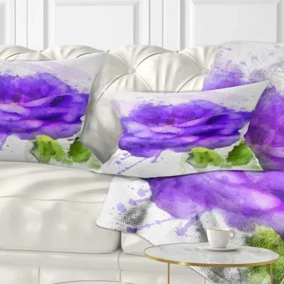 Design Art Floral Rose Flower With Paint Splashes Lumbar Pillow In Blue