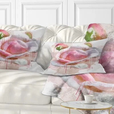 Design Art Floral Rose Flower With Paint Splashes Lumbar Pillow In Pink
