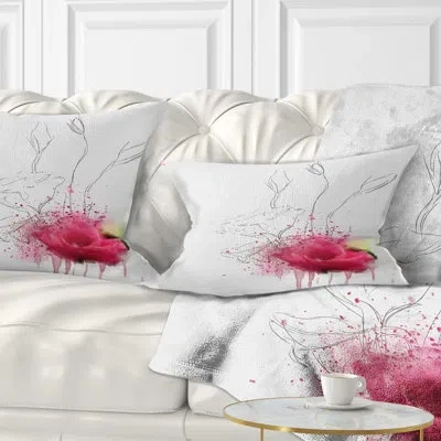 Design Art Floral Rose Flowers Sketch With Color Splashes Lumbar Pillow In Red