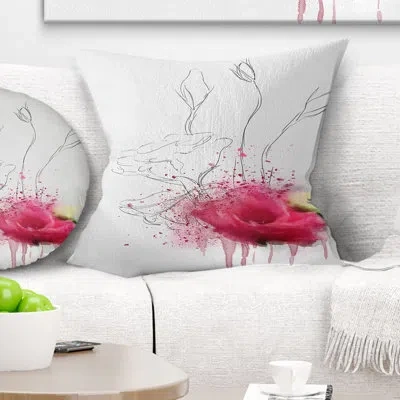 Design Art Floral Rose Flowers Sketch With Color Splashes Pillow In Red