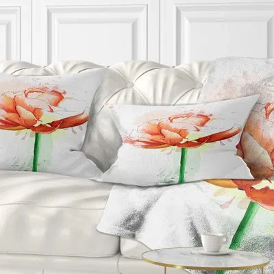 Design Art Floral Rose With Stem And Paint Splashes Lumbar Pillow In Orange