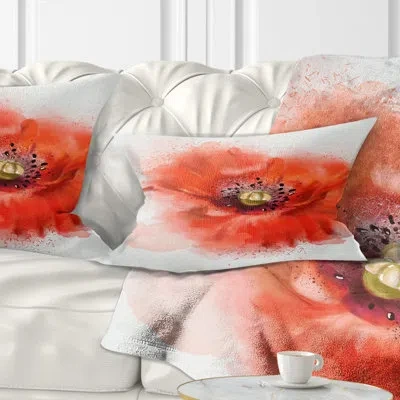 Design Art Floral Stylish Watercolor Poppy Flower Lumbar Pillow In Red