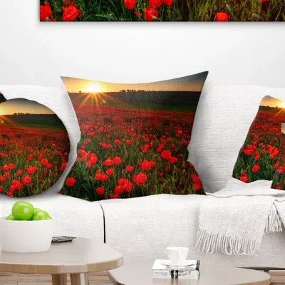 Design Art Floral Sunset Over Garden With Poppies Throw Pillow In Red