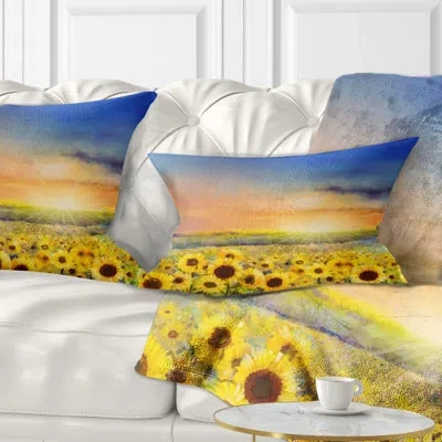 Design Art Floral Sunset Over Golden Sunflower Field Lumbar Pillow