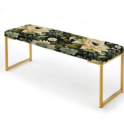 Design Art Floral Upholstered Gold Bench In Green Ornate Damask Peonies Opulence