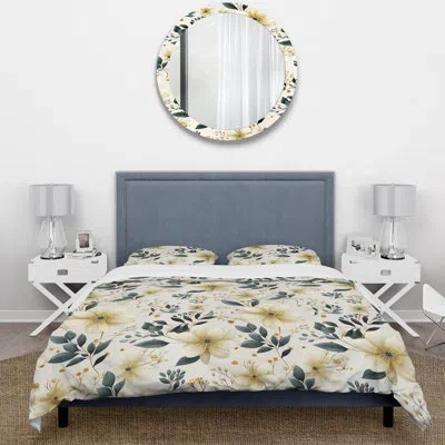Design Art Floral Vine Delight Serenity Duvet Cover Set In White;teal