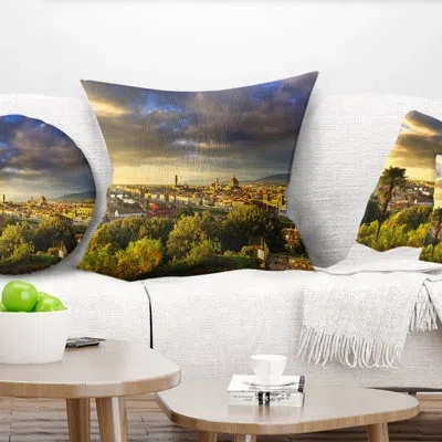 Design Art Florence Sunset Aerial View - Landscape Printed Pillow In Blue;black;brown;green;red;yellow