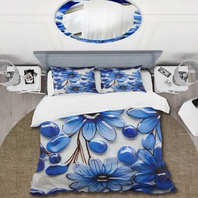 Design Art Flower Blue Botanical Mosaic  I - Abstract Botanicals Duvet Cover Set In Blue;white