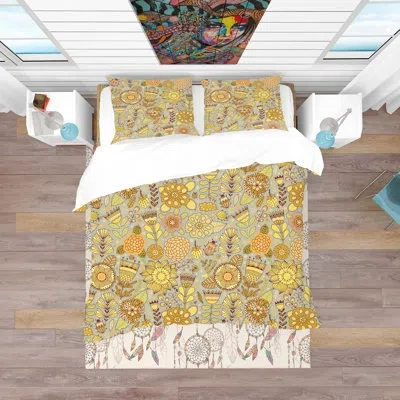 Design Art Flower Pattern Botanic Texture - Modern Floral Flower Duvet Cover Set - Microfiber Polyester In Yellow & Gold