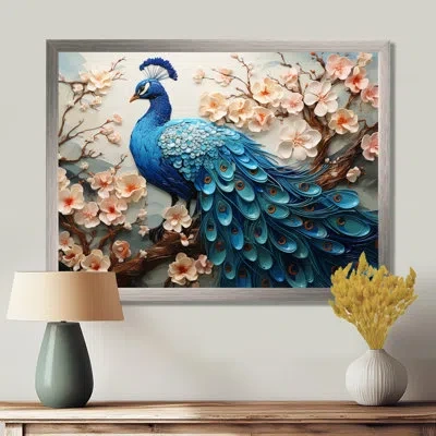 Design Art Flower Peacock S Vibrant Display Ii - Peacock Canvas Wall Art In Silver Single Picture Framed