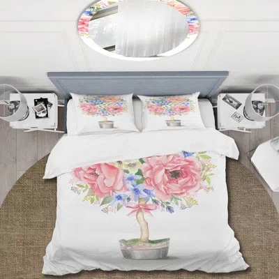 Design Art Flower Tree In A Pot With A Bow - Farmhouse Duvet Cover Set - Microfiber Polyester In Blue;pink