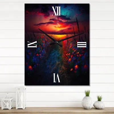 Design Art Flowerful Countryroad At Sunset Iii - Lake House Cottage Wall Clock In Yellow;pink