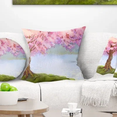 Design Art Flowering Pink Tree By Lake - Floral Printed Throw Pillow