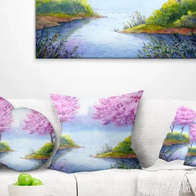 Design Art Flowering Trees Over Lake - Landscape Printed Pillow In Green;pink