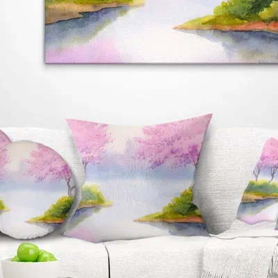 Design Art Flowering Trees Over River - Landscape Printed Pillow In Green;pink
