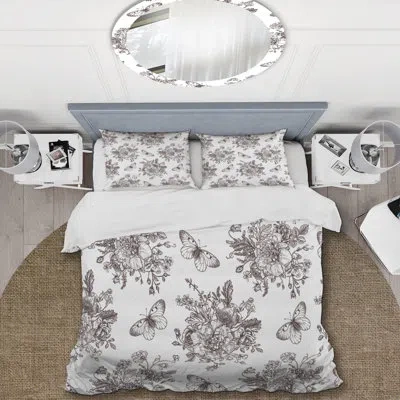 Design Art Flowers And Butterflies I - Floral Duvet Cover Set - Microfiber Polyester In Gray,brown