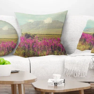 Design Art Flowers And Distant Mountains Pillow In Purple