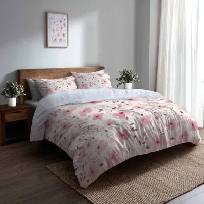 Design Art Flowers Bedding Set 4 Pcs For Teenagers - Youthful Teen Blossoms Bed Comforter Set In Pink;beige