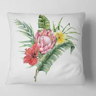 Design Art Flowers Bouquet With Protea Hibiscus Plumeria Square Pillow Cover & Insert In White;red