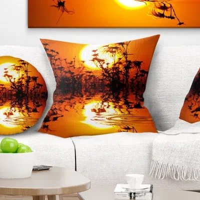 Design Art Flowers Silhouette View At Sunset - Landscape Printed Throw Pillow In Orange