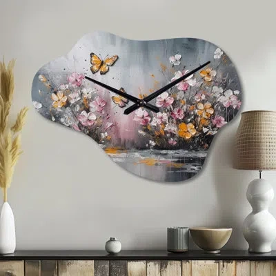 Design Art Flowers With White Butterflies Ii - Floral Cloud Metal Wall Clock, Traditional Asymmetrical Wall Clo In Yellow;pink