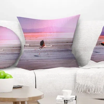 Design Art Flying Pair Of Cute Flamingos - Animal Printed Pillow In Purple