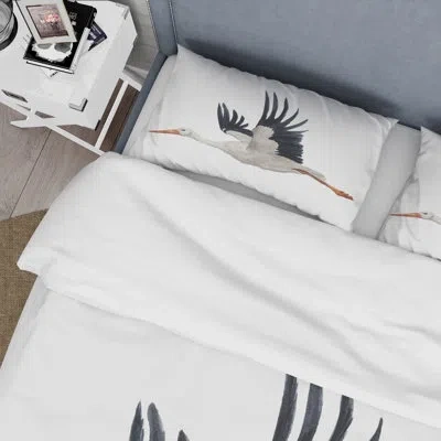 Design Art Flying White Stork Ciconia Bird - Traditional Duvet Cover Set - Microfiber Polyester In White,black