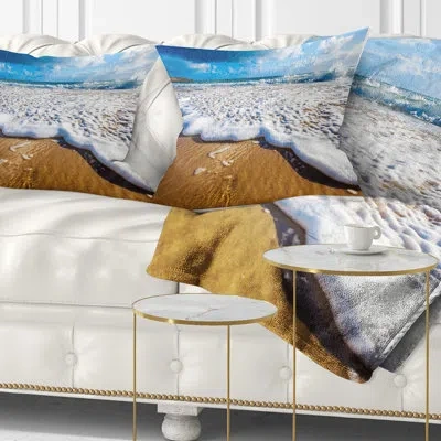 Design Art Foaming Ocean Waves On Sand - Sea & Shore Printed Throw Pillow In Gold