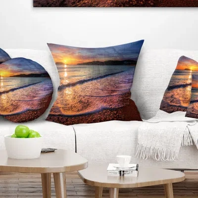 Design Art Foaming Waves At Beautiful Sunset - Sea & Shore Printed Pillow In Blue