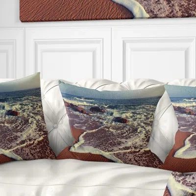 Design Art Foaming Waves Kissing Wide Beach - Sea & Shore Printed Throw Pillow In Blue;black;brown;green;red;yellow