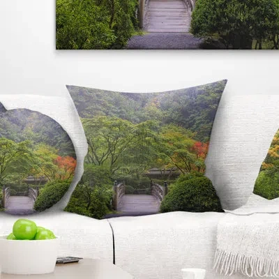 Design Art Foggy Dawn In Japanese Garden Landscape Photography Pillow In Green