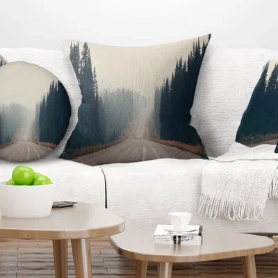 Design Art Foggy Road In Forest In Banff Park - Sea & Shore Printed Pillow In Blue;black;brown;green;red;yellow