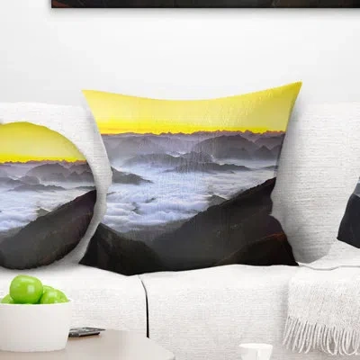 Design Art Foggy Sunrise Over Mountains - Landscape Printed Pillow In Blue;black;brown;green;red;yellow