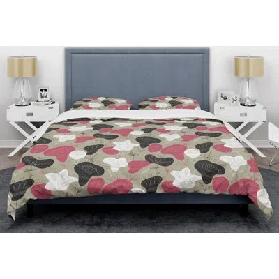 Design Art Folk Flowers Hand Drawn Mid-century Duvet Cover Set In Red