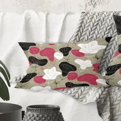 Design Art Folk Flowers Hand Drawn Pattern - Mid-century Modern Printed Throw Pillow In Red