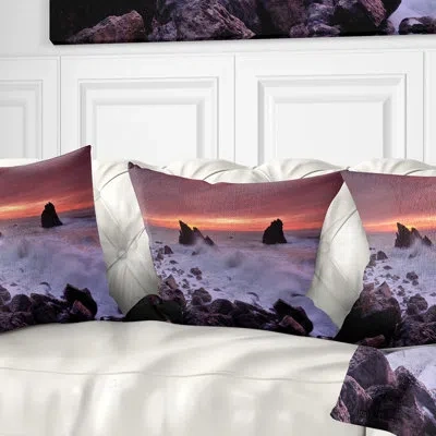Design Art Force Of Sea Hitting Rocky Coast - Sea & Shore Printed Throw Pillow In Blue;black;brown;green;red;yellow