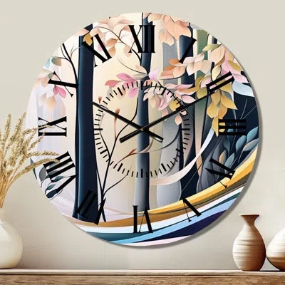 Design Art Forest At Blush Dawn - Nature Silent Round Metal Wall Clock In Blue