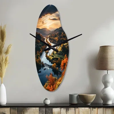 Design Art Forest Autumn In The Usa Ii - Forest Curved Metal Wall Clock, Traditional Asymmetrical Wall Clock Pr In Yellow;orange