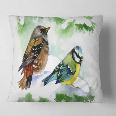 Design Art Forest Birds On Snowy Fir Tree Branch Square Pillow Cover & Insert In Green