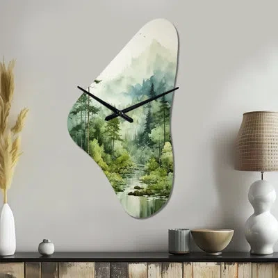 Design Art Forest Enigmatic Forest - Forest Asymmetrical Metal Wall Clock, Traditional Irregular Shape Wall Clo In Green